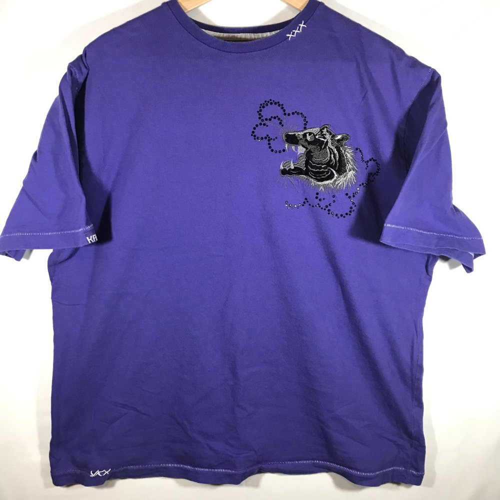 Kanji Women's 2X-Large Purple Embroidered Tiger & Dragon Studded Short Sleeve
